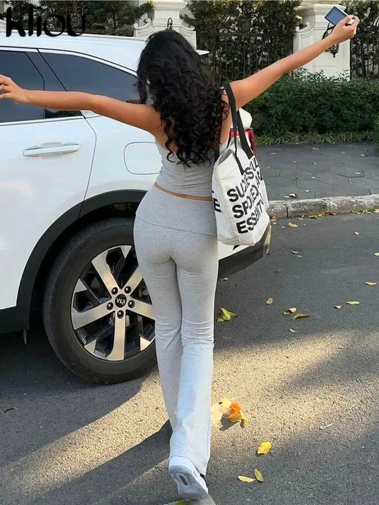 kliou Casual Solid Two Piece Set Women Concise Halter Bare Midriff Crop Tops+High Waist Stacked Flare Pants Female Sporty Suits