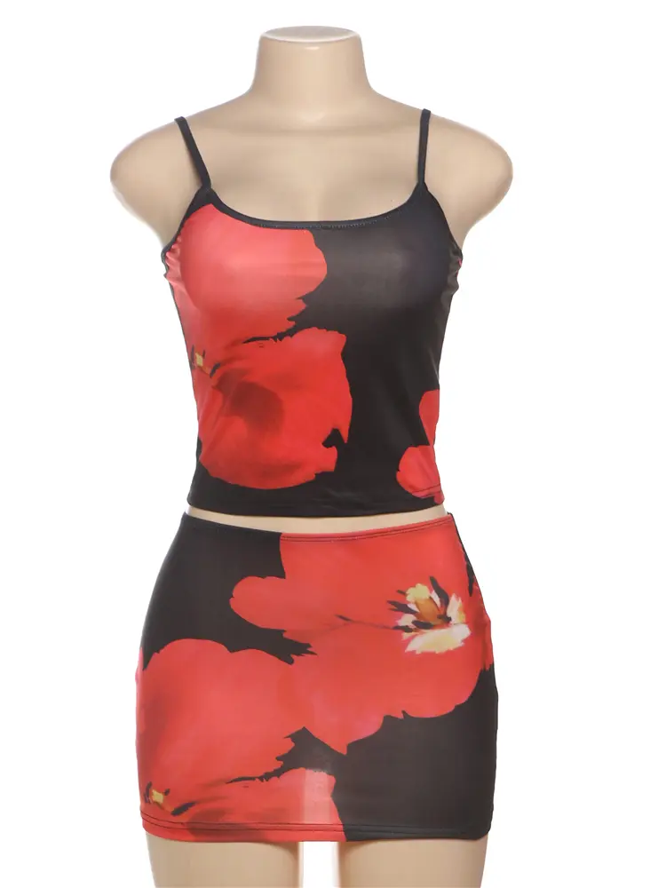 kliou Blossom Print Women 2 Piece Set Matching Sexy Summer Crop Camis+High Waist Slim Mini Skirts Female Beach Vacation Outfits