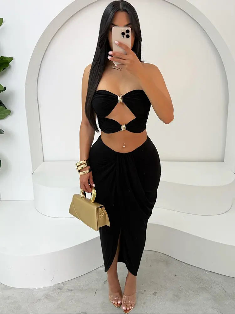 kliou Sexy Midnight Women 2 Piece Set Coquette Hot Hollow Pleated Mini Tanks+Cross Maxi Skirts Female Solid New Party Outfits
