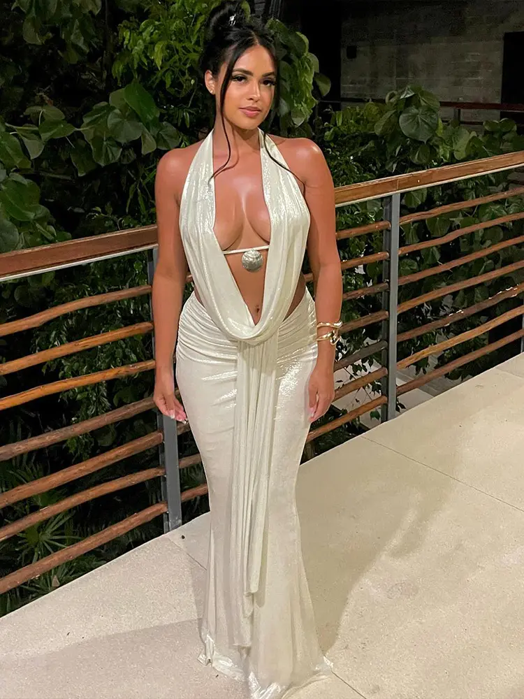 kliou Matching Club 2 Piece Set Summer New Sexy Swinging Neck Backless Chic Tanks+Pleated Ribbons Maxi Skirts Female Attirewear