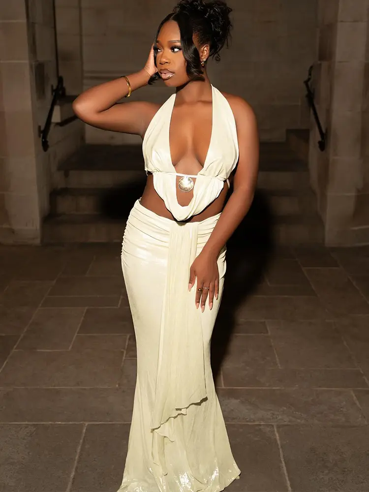 kliou Matching Club 2 Piece Set Summer New Sexy Swinging Neck Backless Chic Tanks+Pleated Ribbons Maxi Skirts Female Attirewear