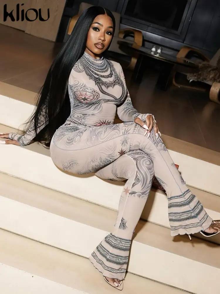 kliou Autumn Women Ankle-Length Streetwear Mesh Jumpsuit K23Q38228 Junior Girl Miss Little See Through Slim One Piece Overall