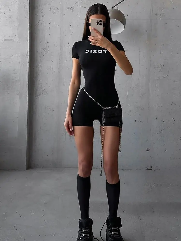 kliou Letter Printed Women Playsuits Casual Basic Short Sleeve O-neck Slim Elastic Rompers Female Classic Streetwear One Piece