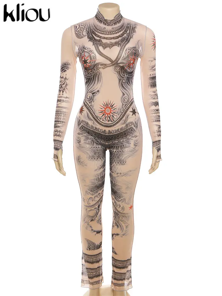 kliou Autumn Women Ankle-Length Streetwear Mesh Jumpsuit K23Q38228 Junior Girl Miss Little See Through Slim One Piece Overall