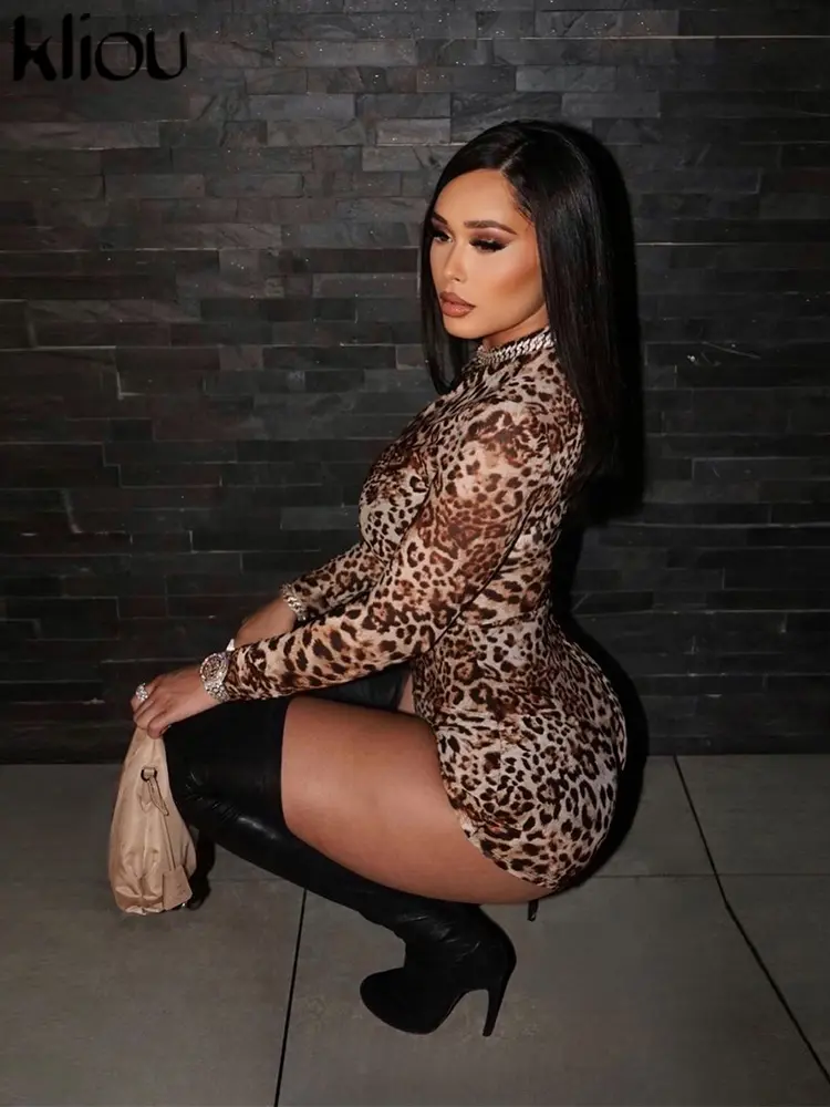 kliou Leopard New Women Playsuits Autumn Full Sleeve Zip-up O-neck Body-shaping Stretch Rompers Mujer Classic Hipster Clubwear