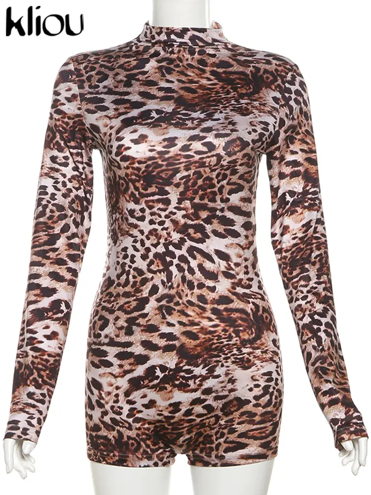 kliou Leopard New Women Playsuits Autumn Full Sleeve Zip-up O-neck Body-shaping Stretch Rompers Mujer Classic Hipster Clubwear