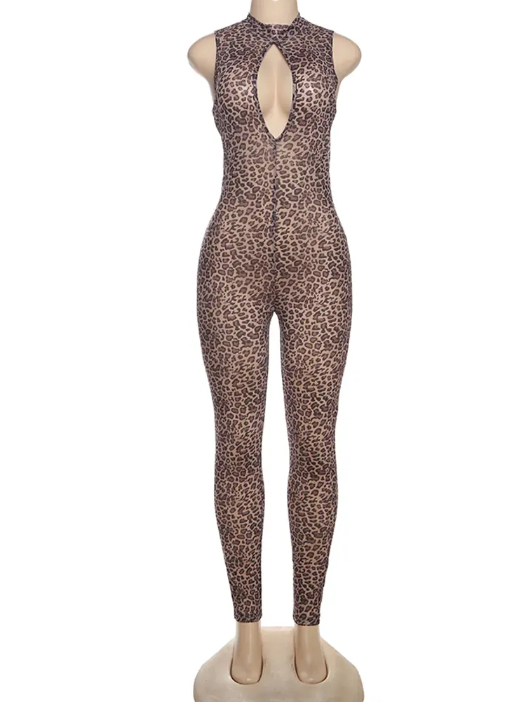 kliou High Collar Women Jumpsuits Mesh Sheer Leopard Print Sleeveless Hollow Cleavage Skinny Overalls Mujer Sexy Hot Clubweaar
