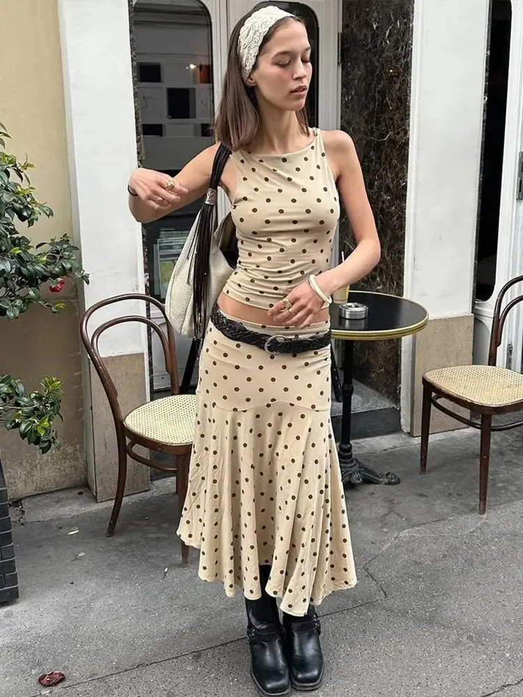 kliou Point Print Classic Women 2 Piece Set Fashion New O-neck Sleeveless Vests+Irregular Maxi Skirts Mujer Coordinate Outfits