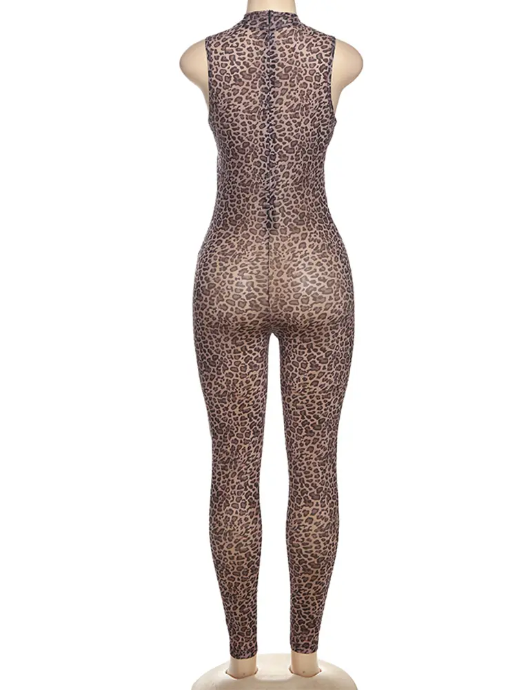 kliou High Collar Women Jumpsuits Mesh Sheer Leopard Print Sleeveless Hollow Cleavage Skinny Overalls Mujer Sexy Hot Clubweaar