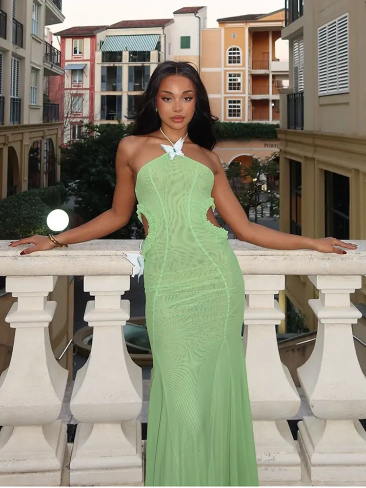 kliou Stunning Mesh Dresses Women Solid Pleated Trim Hollow Butterfly Splice Halter Maxi Bodycon Female Attractive Garden Robe