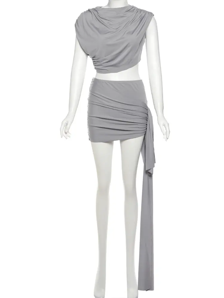 kliou Solid Matching Women 2 Piece Sets Summer Simple Sleeveless Crop Tanks+Ribbons Irregular Mini Skirts Female Party Outfits