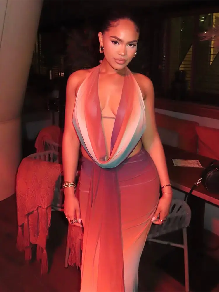 kliou Gradient Panelled Women 2 Piece Set Sexy Hot Stunning Swinging Neck Halter Tanks+Matching Maxi Skirts Female Party Outfits