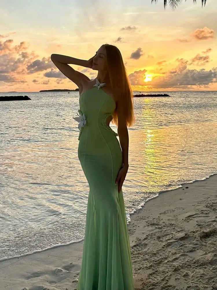 kliou Stunning Mesh Dresses Women Solid Pleated Trim Hollow Butterfly Splice Halter Maxi Bodycon Female Attractive Garden Robe