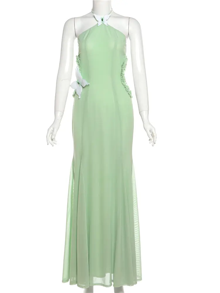 kliou Stunning Mesh Dresses Women Solid Pleated Trim Hollow Butterfly Splice Halter Maxi Bodycon Female Attractive Garden Robe