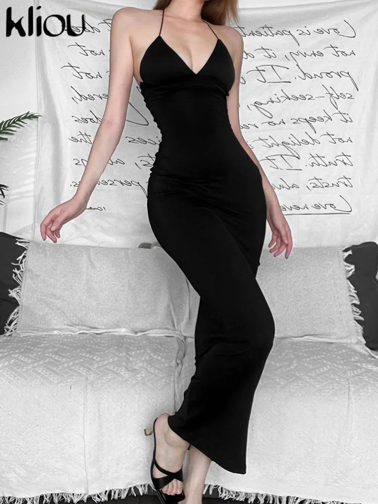 kliou Summer Women Maxi Dress Sexy Halter Bandage Back Bufferfly Vestido Girls Maid Sweet V-Neck Hip Skirt Dancing Club Attire