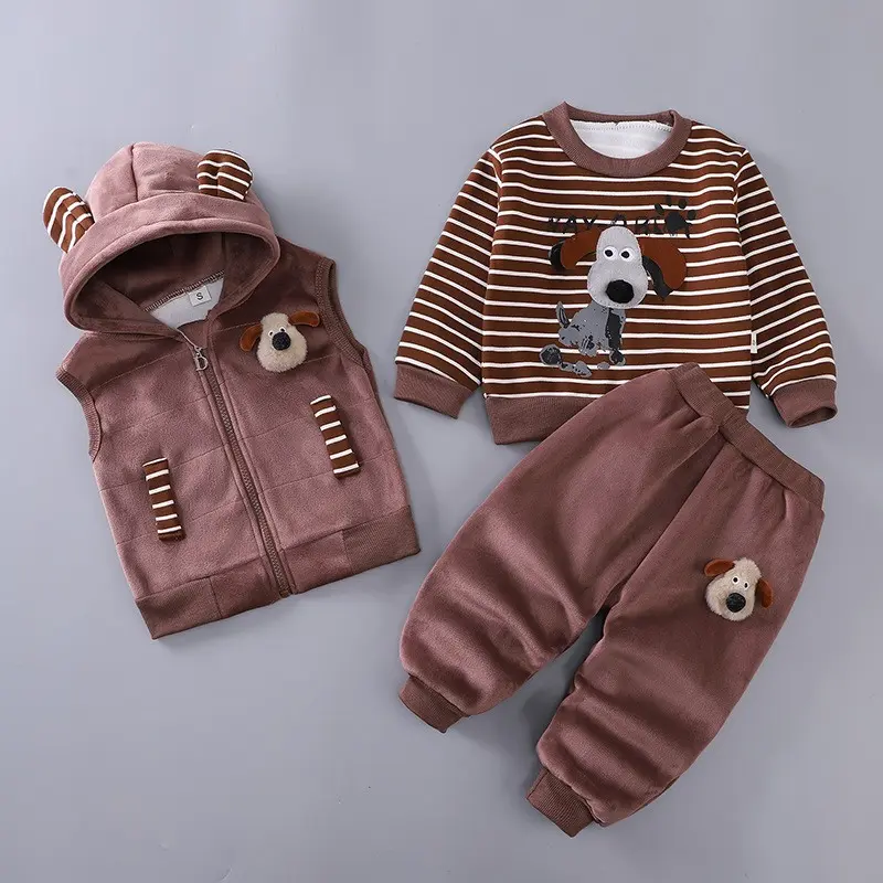 Autumn Winter Baby Boys Clothing Set Cartoon Cute Dog Fleece Warm Hooded Vest Coat Pants 3Pcs Suit for 1-4 Years Kids Clothes