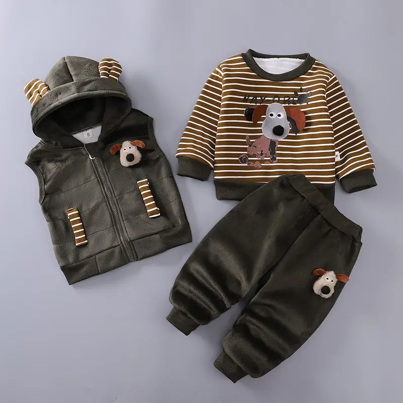 Autumn Winter Baby Boys Clothing Set Cartoon Cute Dog Fleece Warm Hooded Vest Coat Pants 3Pcs Suit for 1-4 Years Kids Clothes