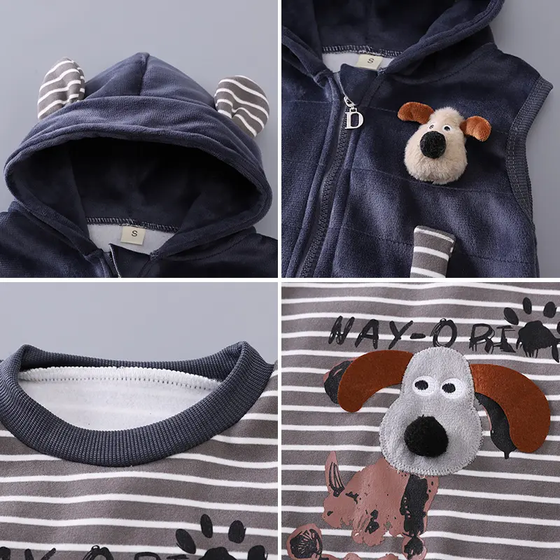 Autumn Winter Baby Boys Clothing Set Cartoon Cute Dog Fleece Warm Hooded Vest Coat Pants 3Pcs Suit for 1-4 Years Kids Clothes
