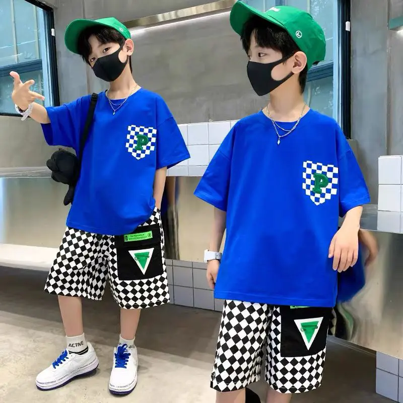 Fashion Boys Clothing Set Summer Teenage Short Sleeve Clothes Suit Letter T-shirt Plaid Shorts 2Pcs Children Loungewear Outfits