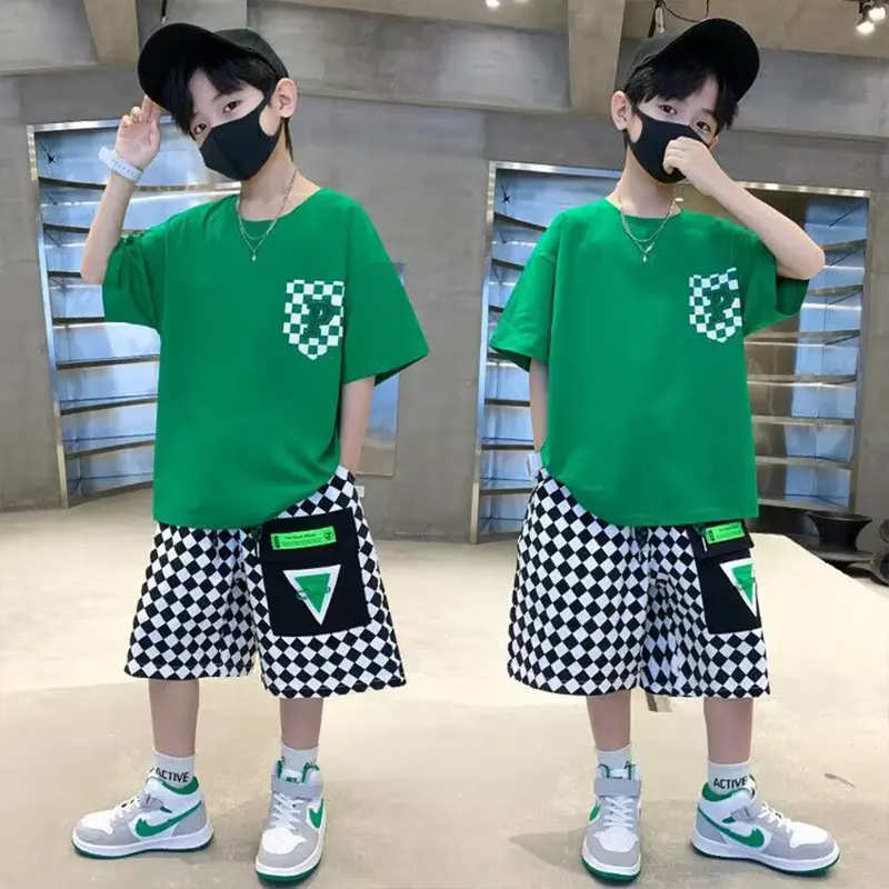 Fashion Boys Clothing Set Summer Teenage Short Sleeve Clothes Suit Letter T-shirt Plaid Shorts 2Pcs Children Loungewear Outfits