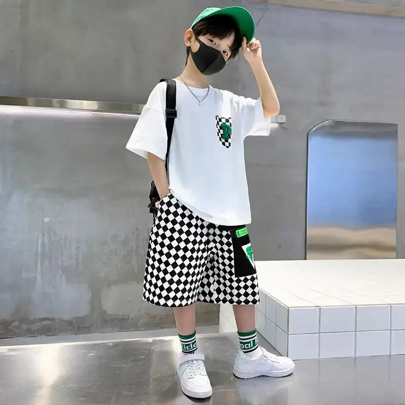 Fashion Boys Clothing Set Summer Teenage Short Sleeve Clothes Suit Letter T-shirt Plaid Shorts 2Pcs Children Loungewear Outfits