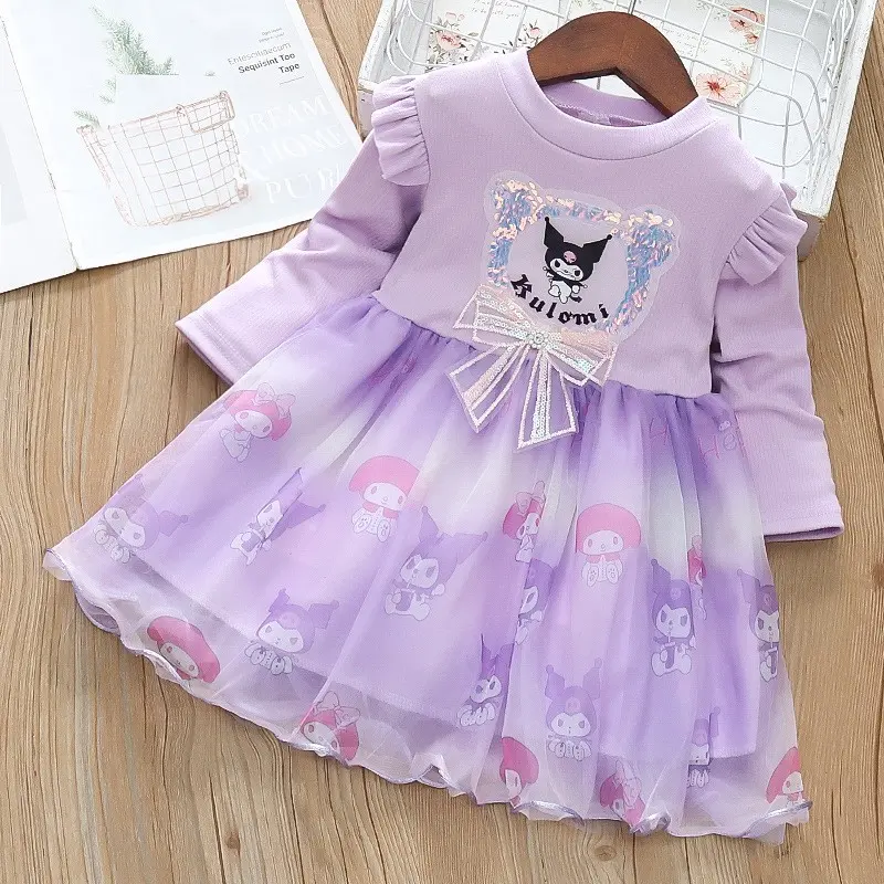 Fashion Girls Dress Spring Autumn Mesh Cartoon Kuromi Long Sleeve Princess Dresses for 2-6 Years Kids Birthday Party Costume
