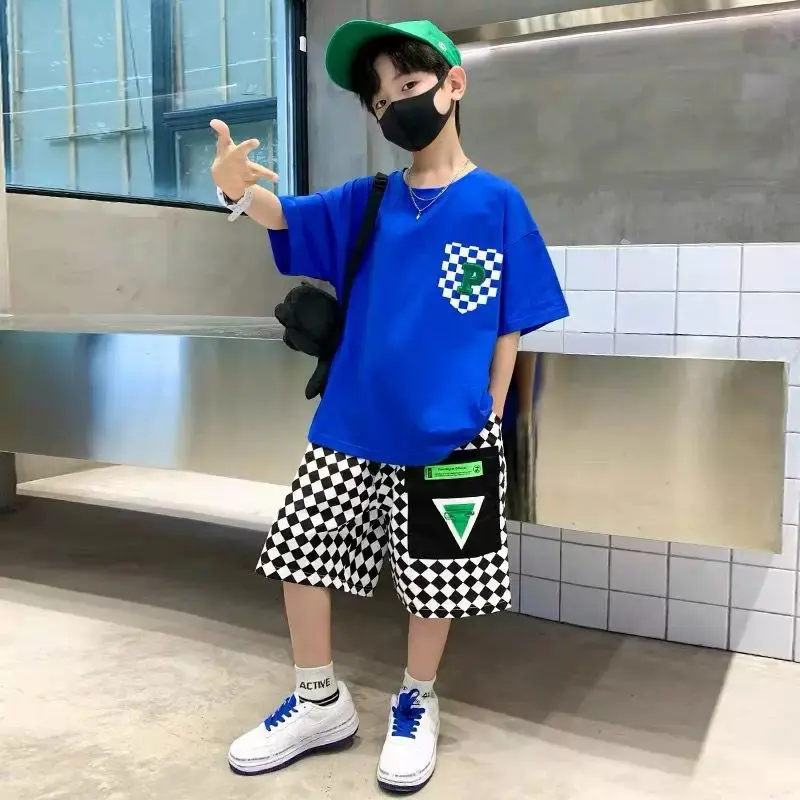 Fashion Boys Clothing Set Summer Teenage Short Sleeve Clothes Suit Letter T-shirt Plaid Shorts 2Pcs Children Loungewear Outfits
