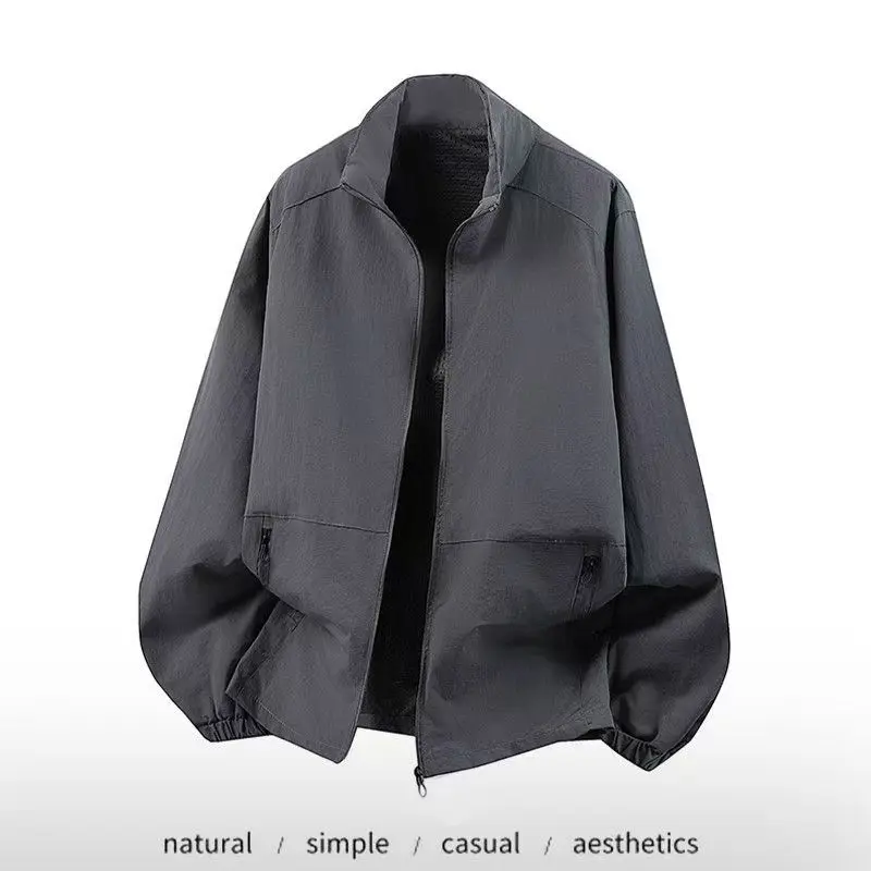Autumn Men's Long Sleeve Jacket Full Zip Up Lightweight Athletic Coats Stand Collar Casual Windbreaker Outerwear with Pockets