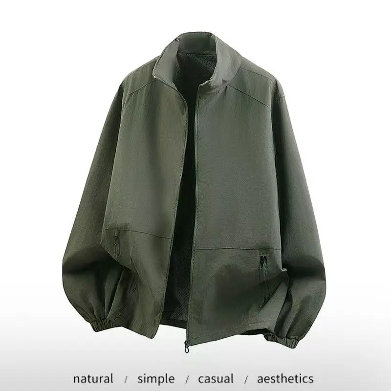 Autumn Men's Long Sleeve Jacket Full Zip Up Lightweight Athletic Coats Stand Collar Casual Windbreaker Outerwear with Pockets