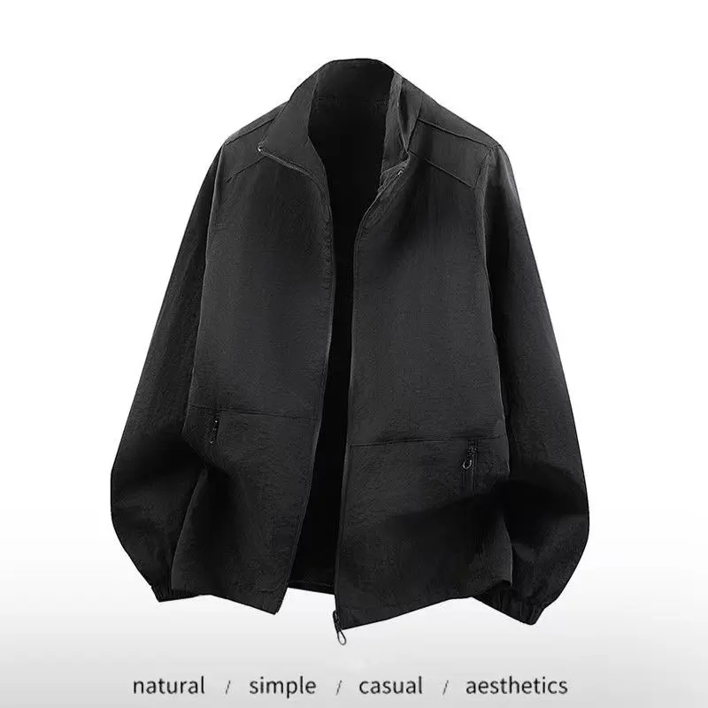 Autumn Men's Long Sleeve Jacket Full Zip Up Lightweight Athletic Coats Stand Collar Casual Windbreaker Outerwear with Pockets