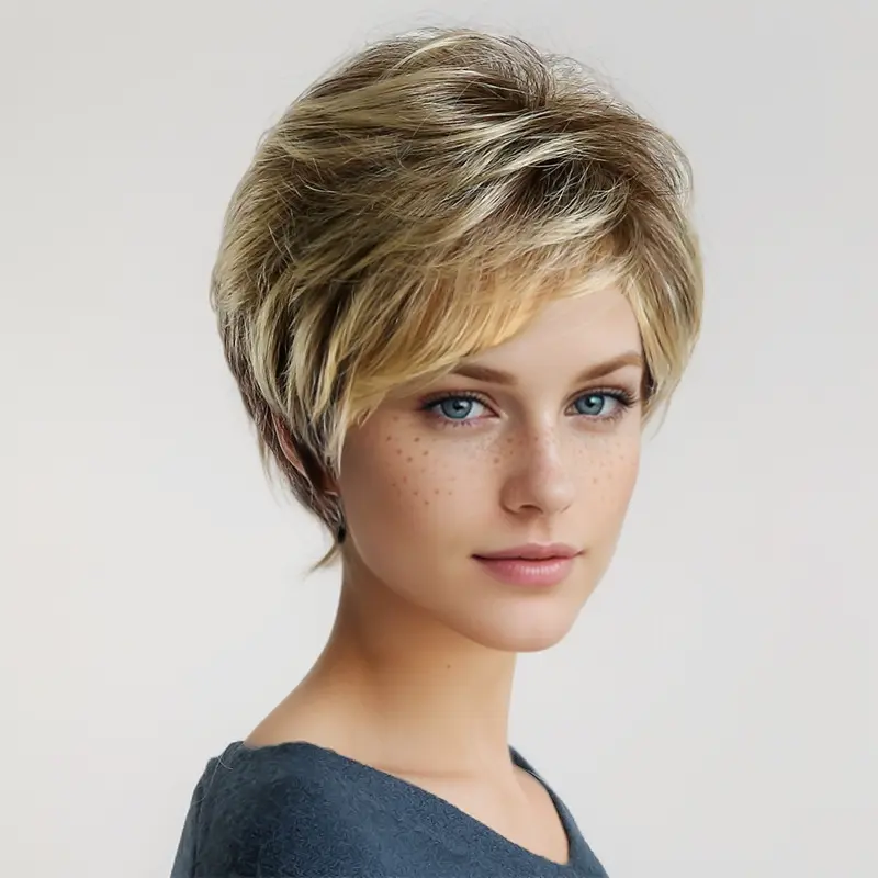 Fashion synthetic fiber wig female diagonal bangs short curly hair fashion highlights short high temperature silk head set full