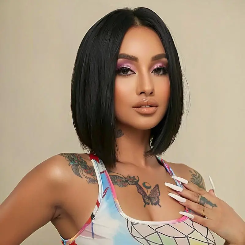 Black parting short straight hair synthetic wig for party, daily use, Halloween cosplay, high-temperature hairnet