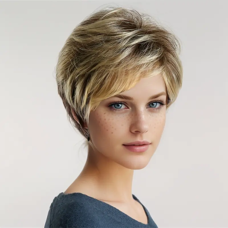 Fashion synthetic fiber wig female diagonal bangs short curly hair fashion highlights short high temperature silk head set full