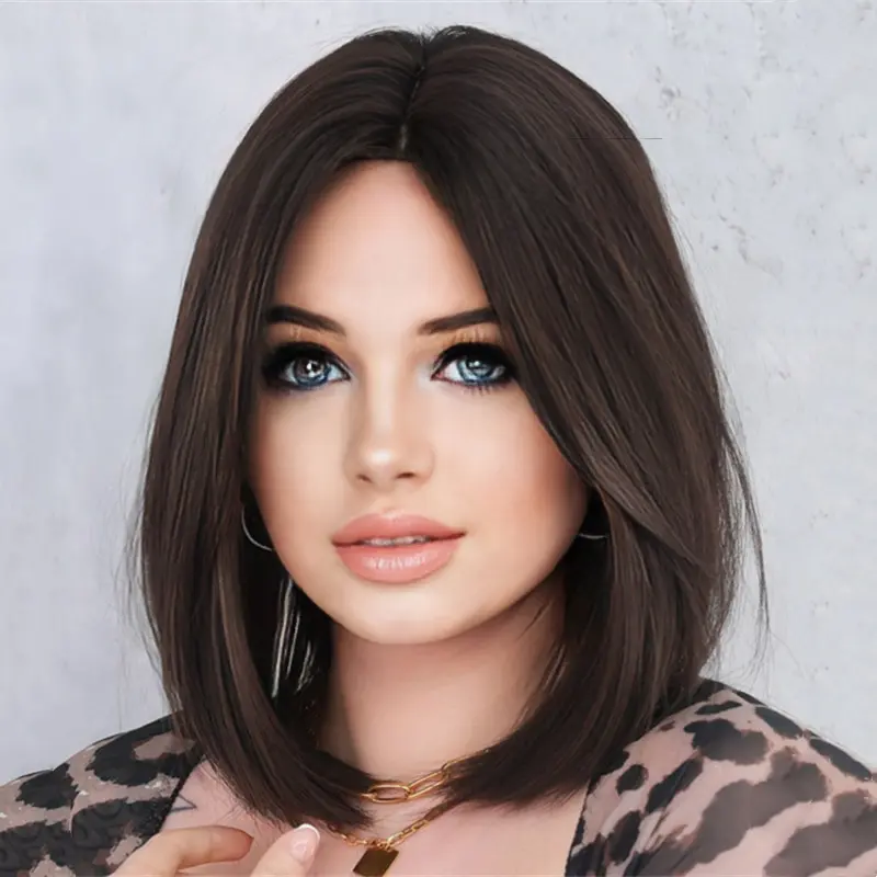 New synthetic fiber fashion wig female shoulder length trim face short straight hair high temperature silk full head cover