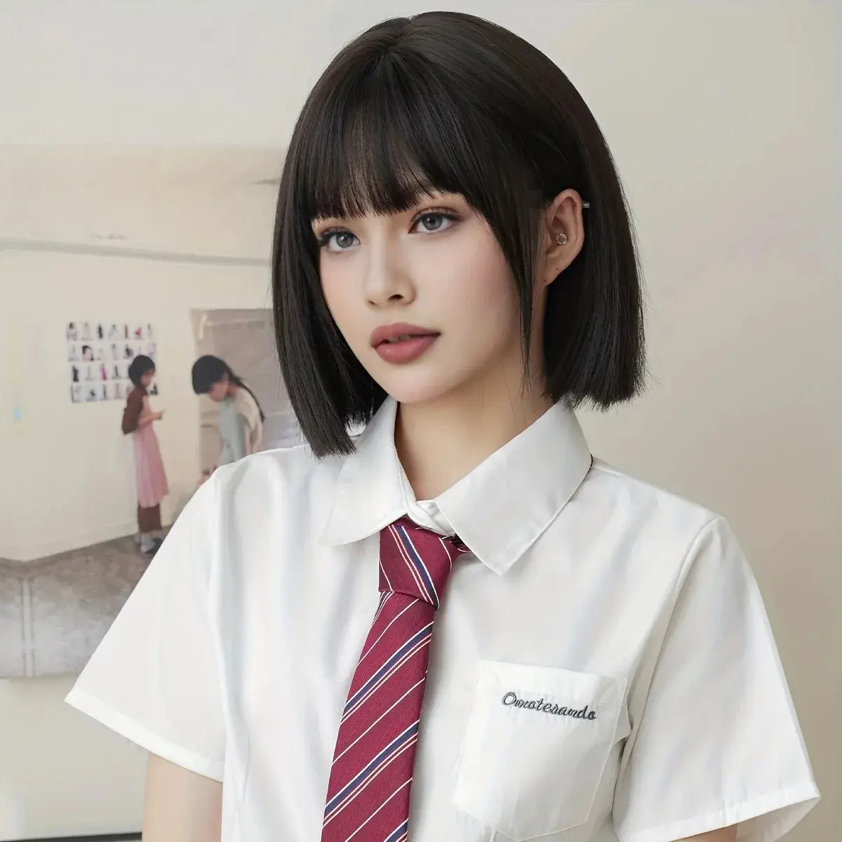 Short black bob-style synthetic wig for Halloween party cosplay, cosplay wig, daily high-temperature hair accessory wig set