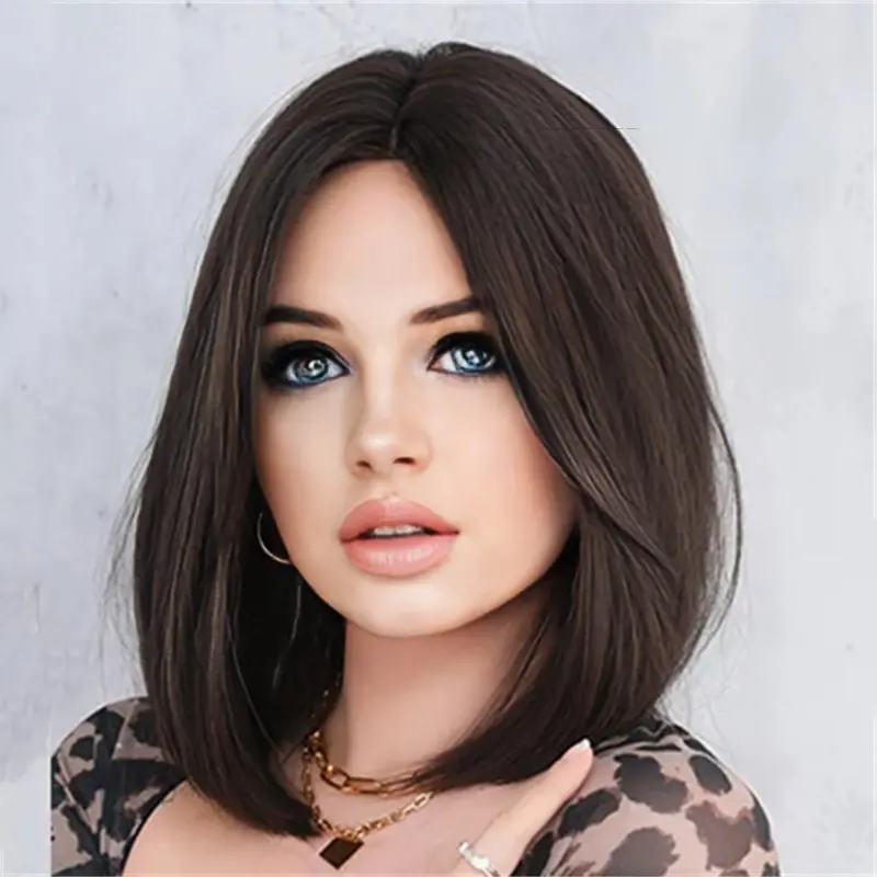New synthetic fiber fashion wig female shoulder length trim face short straight hair high temperature silk full head cover
