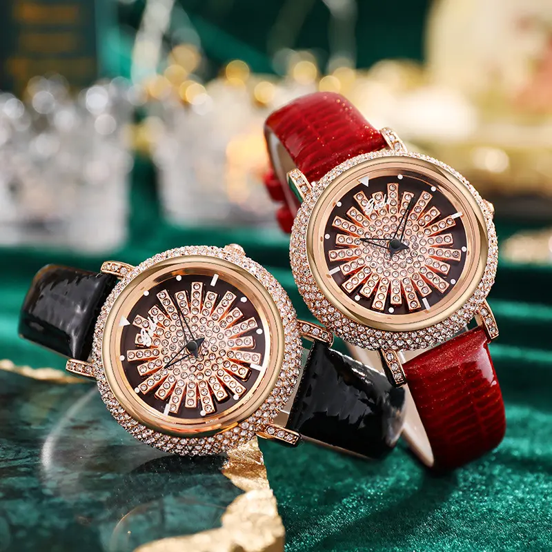 Stylish Rotate Rose Gold Women Watches Full Rhinestone Luxury Party Star Ladies Wristwatch Red Leather Band Party Casual Clock