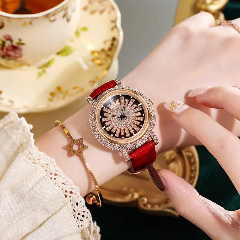 Stylish Rotate Rose Gold Women Watches Full Rhinestone Luxury Party Star Ladies Wristwatch Red Leather Band Party Casual Clock
