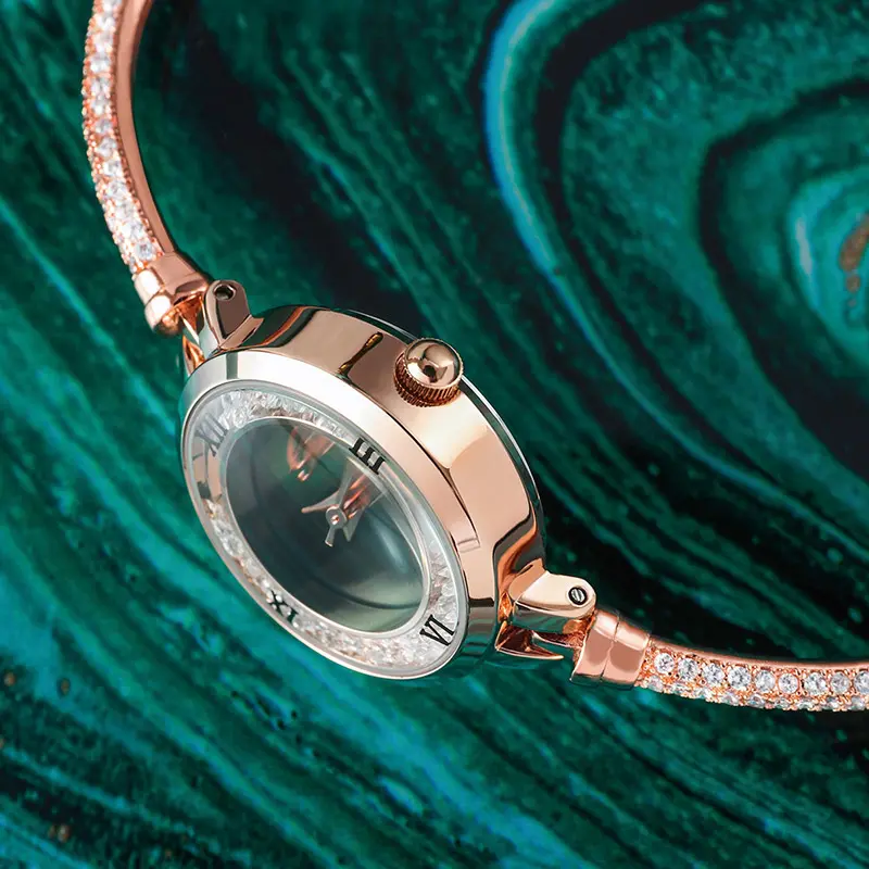 Fresh Elegant Women Watches Slender Rose Quartz Bangle Rhinestone Dial Concentric Circle Bracelets Watch Beautiful Ladies Gifts