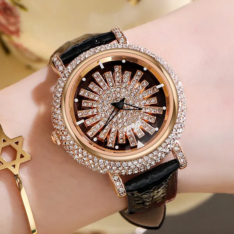 Stylish Rotate Rose Gold Women Watches Full Rhinestone Luxury Party Star Ladies Wristwatch Red Leather Band Party Casual Clock