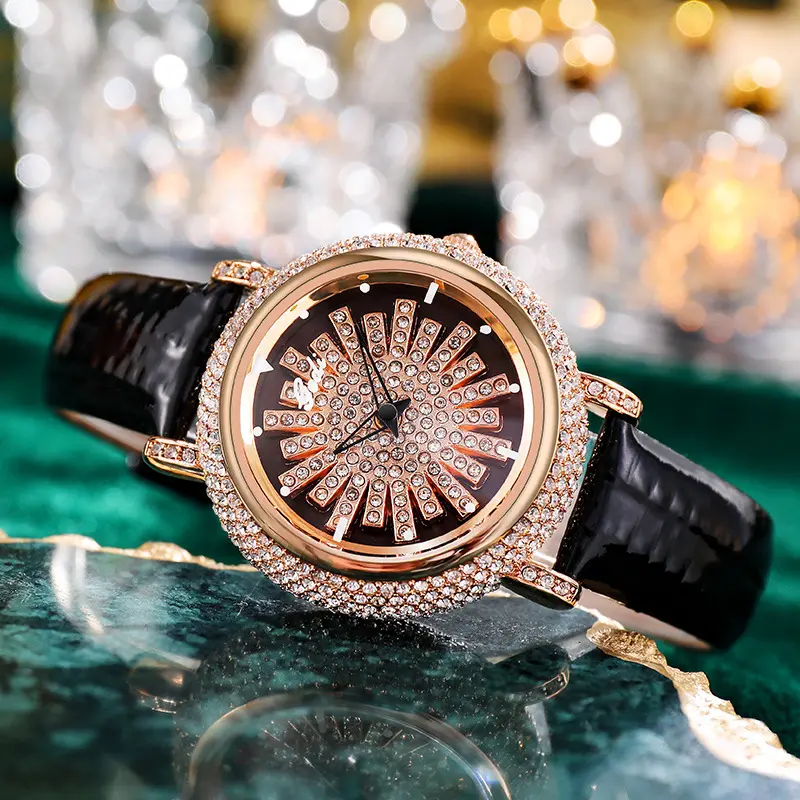 Stylish Rotate Rose Gold Women Watches Full Rhinestone Luxury Party Star Ladies Wristwatch Red Leather Band Party Casual Clock