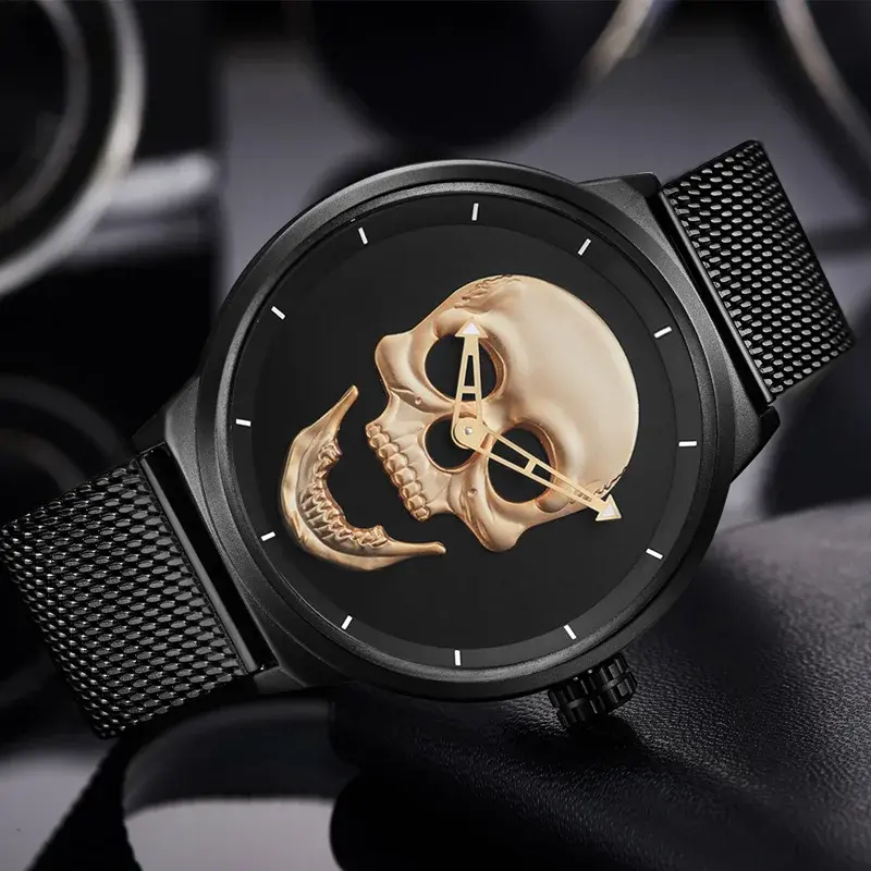 Fashion Skeleton Casual Men's Watches Top Brand Black Stainless Steel Gold Skull Pattern Cool Stylish Quartz Male Wristwatch