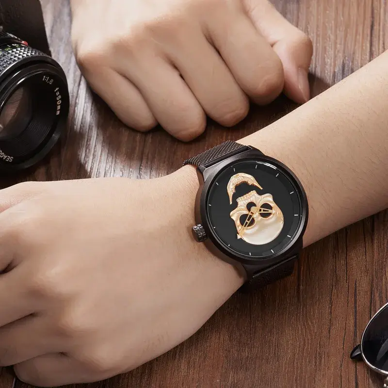 Fashion Skeleton Casual Men's Watches Top Brand Black Stainless Steel Gold Skull Pattern Cool Stylish Quartz Male Wristwatch