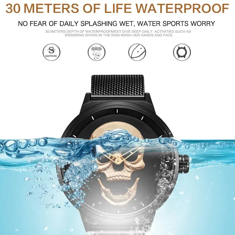 Fashion Skeleton Casual Men's Watches Top Brand Black Stainless Steel Gold Skull Pattern Cool Stylish Quartz Male Wristwatch