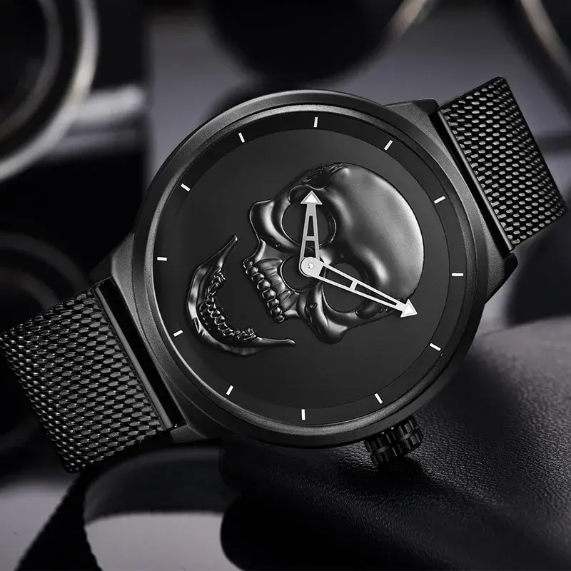 Fashion Skeleton Casual Men's Watches Top Brand Black Stainless Steel Gold Skull Pattern Cool Stylish Quartz Male Wristwatch