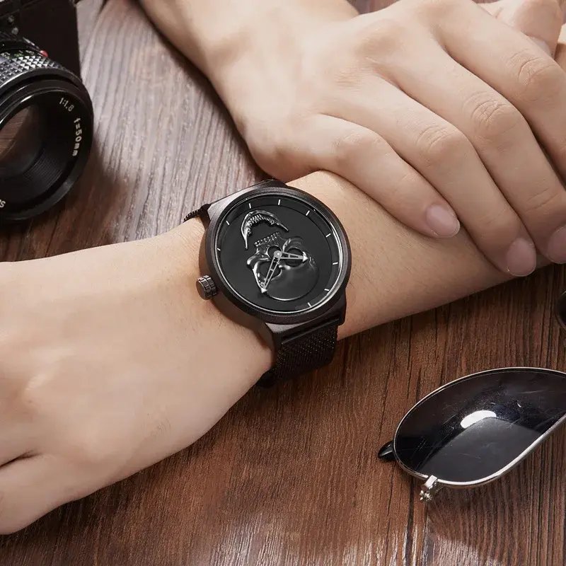 Fashion Skeleton Casual Men's Watches Top Brand Black Stainless Steel Gold Skull Pattern Cool Stylish Quartz Male Wristwatch