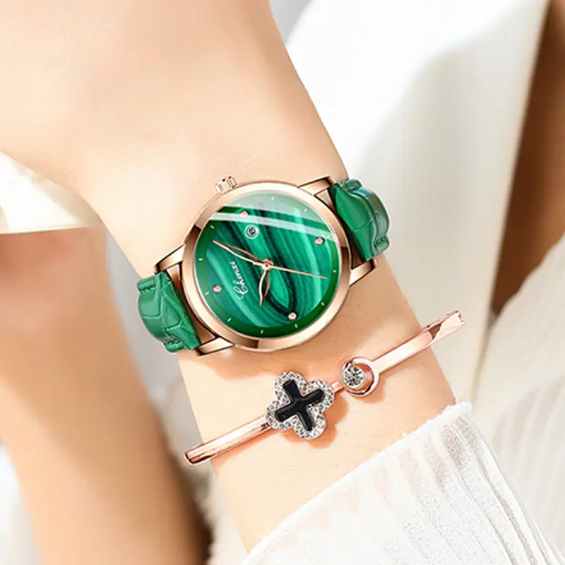 Rose Gold Green Women Watches Ins Popular Ladies Watch Unique Stylish Malachite Antique Leather Fashion Female Wristwatch Gift