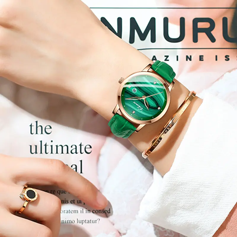 Rose Gold Green Women Watches Ins Popular Ladies Watch Unique Stylish Malachite Antique Leather Fashion Female Wristwatch Gift