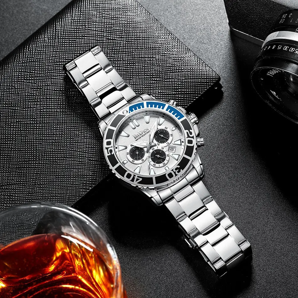 Fashion Men Casual Watches Silver White Stainless Steel Calendar Sport Military Male's Watch Blue Glass BIDEN Brand Clock