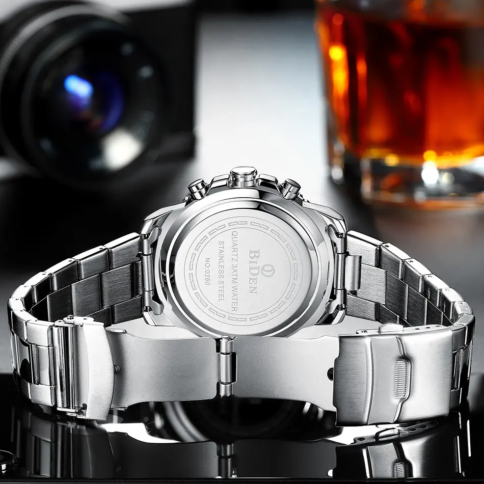 Fashion Men Casual Watches Silver White Stainless Steel Calendar Sport Military Male's Watch Blue Glass BIDEN Brand Clock